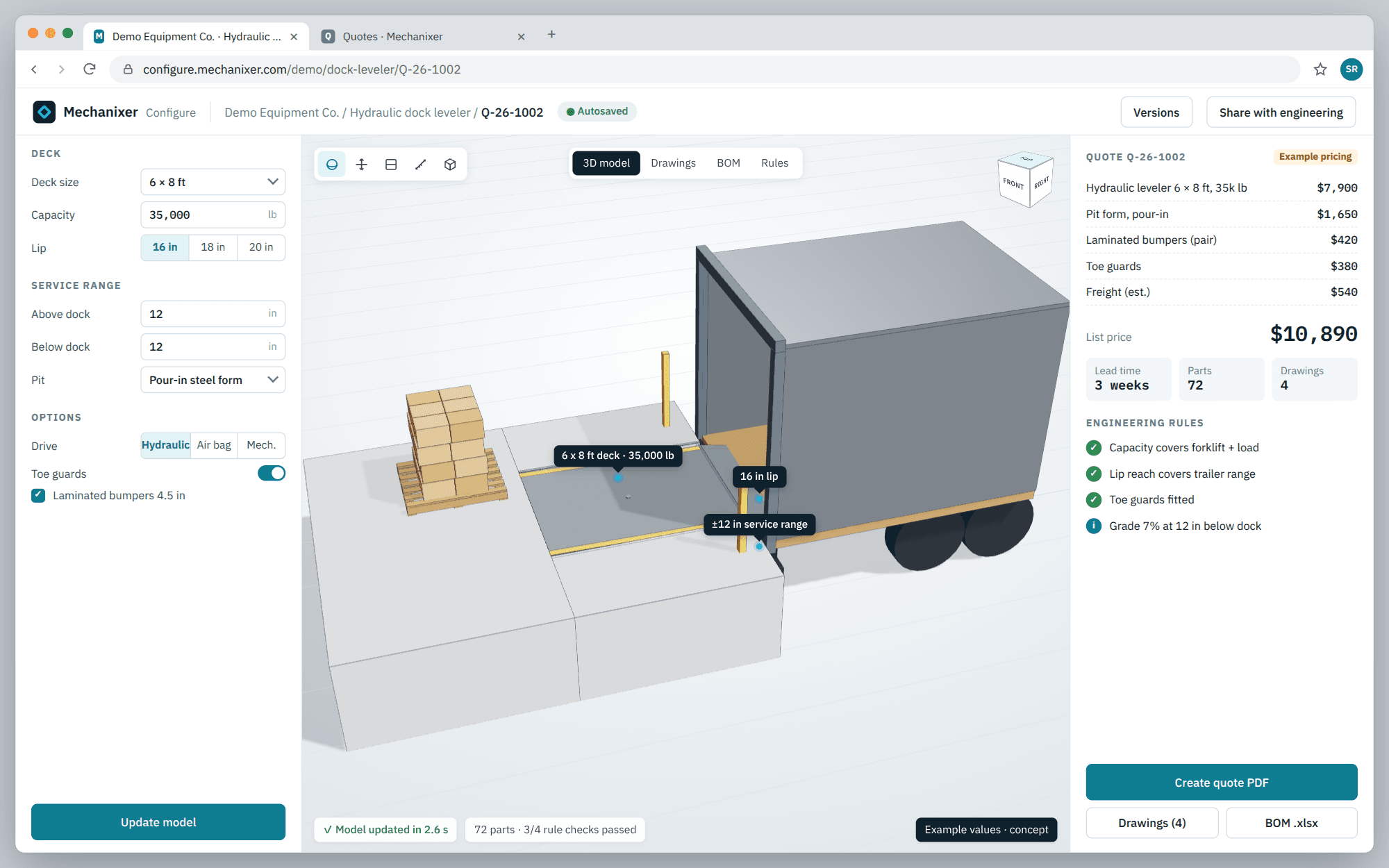 Browser configurator for a hydraulic dock leveler with options, 3D model and quote