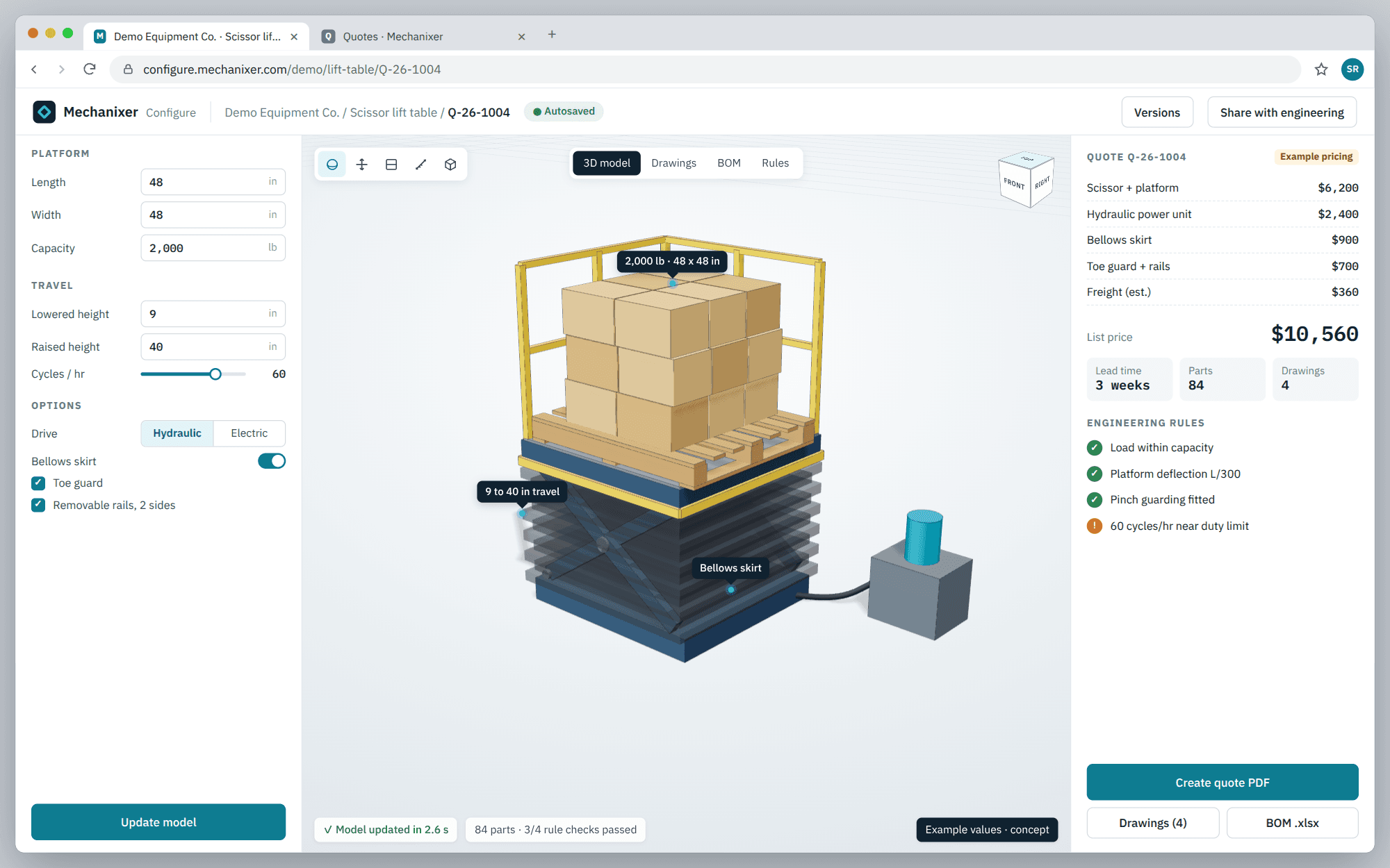 Browser configurator for a scissor lift table with platform, capacity and travel options