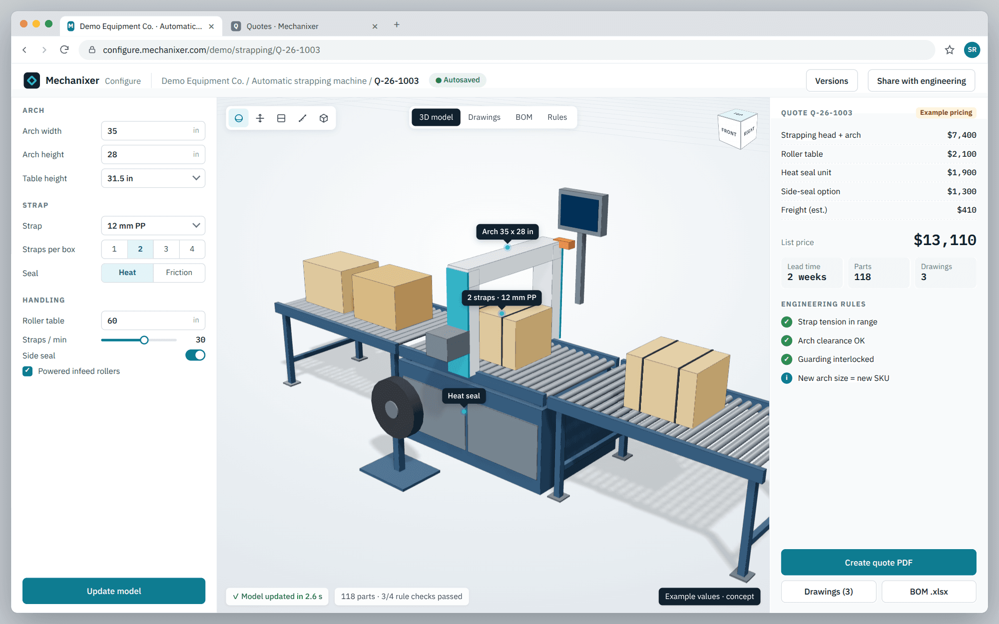 Browser configurator for an automatic strapping machine with arch, strap and seal options